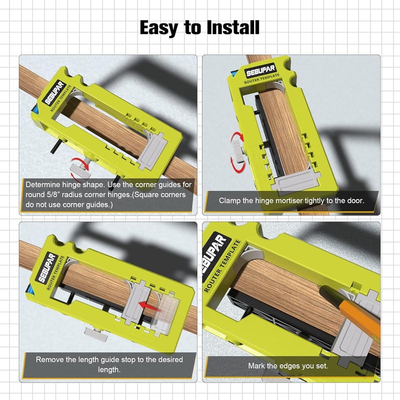 Sebupar Door Hinge Jig, Door Hinge Mortiser, Router Template Fits for Door Hinges from 3” to 5” Length and Types of Square, Radius 1/4” or Radius 5/8”. - Image 4
